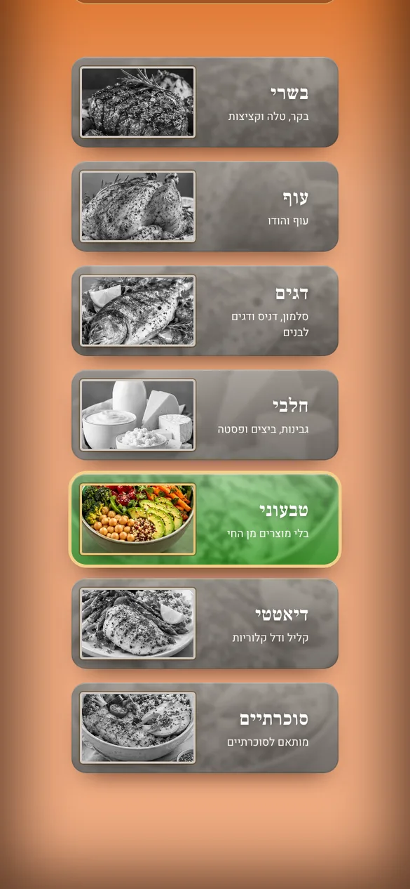 מסך הבחירה: מה מבשלים היום? מחלקות בשרי, עוף, דגים, חלבי, טבעוני, דיאטטי וסוכרתיים