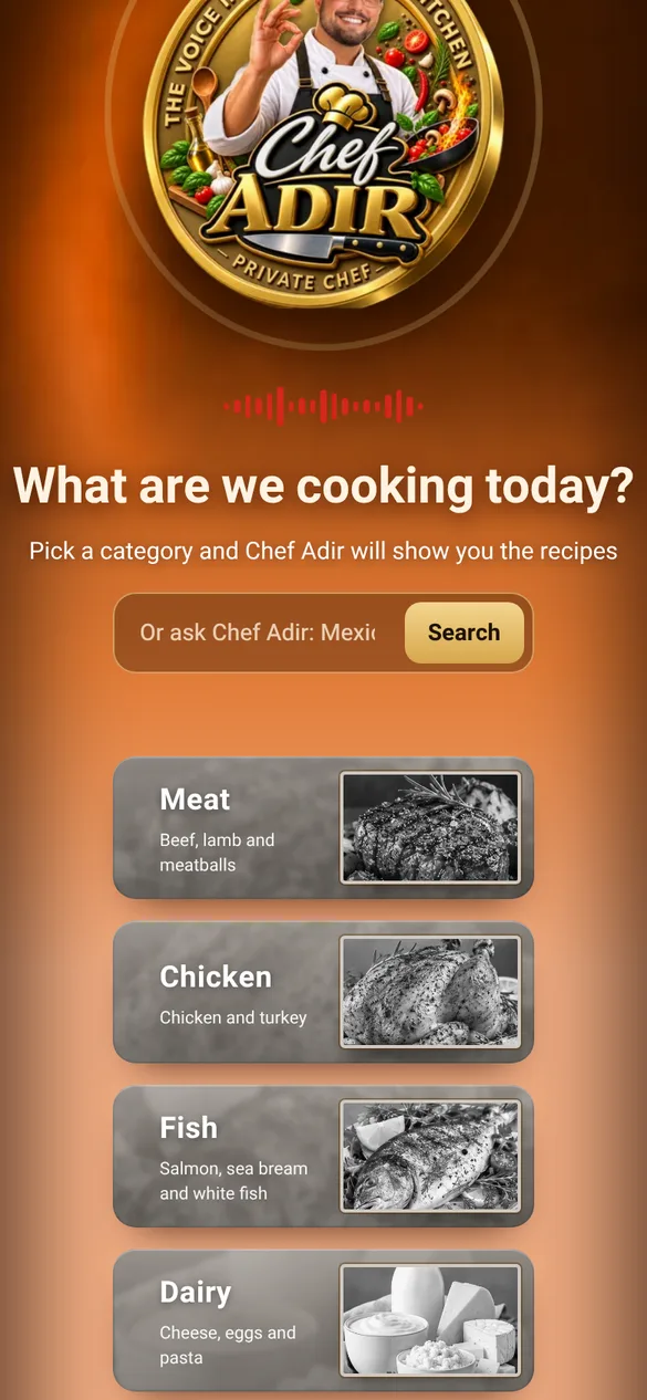 The category screen: What are we cooking today? Meat, chicken, fish, dairy, vegan, light and low sugar