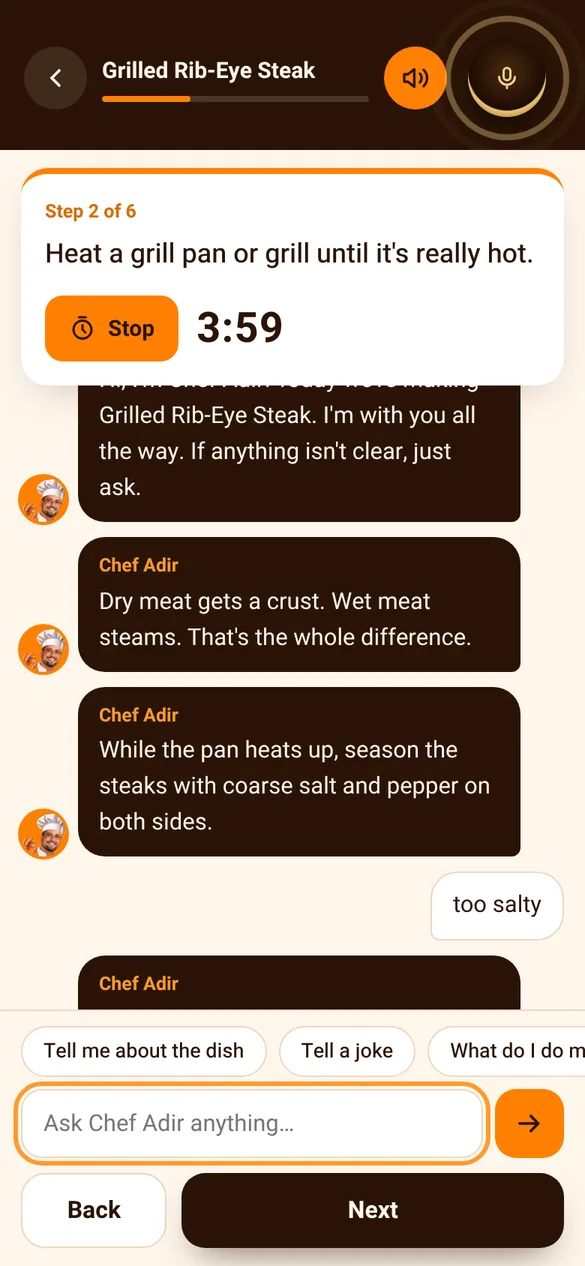 The cooking screen: step 2 of 6, a 4-minute timer, and Chef Adir talking