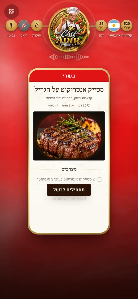 מסך המתכון: סטייק אנטריקוט על הגריל, עם תמונה, זמן, מנות ומדינת המקור